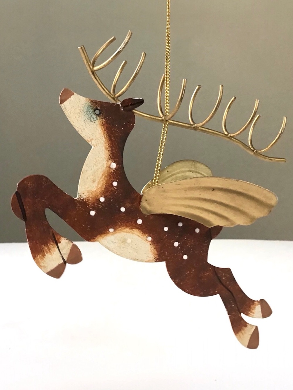 Flying Reindeer Christmas Ornament Gold Wings Whimsical Folk Art Rustic Deer